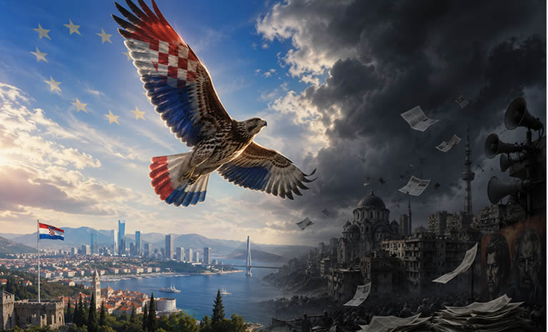 Hrvatski jastreb uzdiže se iznad svijetle europske Hrvatske, dok se u tamnoj pozadini vide simboli propagande, političke buke i društvenog pada.