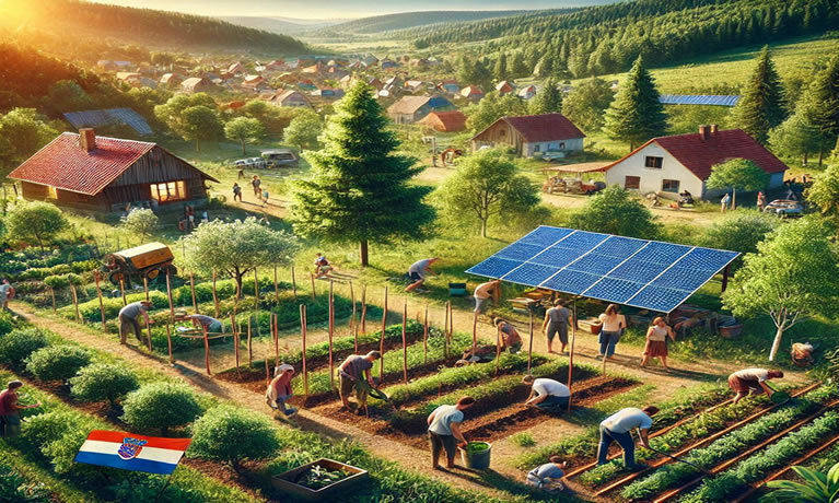 Realistična fotografija koja prikazuje grupu ljudi u Hrvatskoj kako sudjeluju u održivim praksama. Scena uključuje sadnju drveća, njegu zajedničkog vrta i instalaciju solarnih panela u prirodnom okruženju, naglašavajući važnost zajedničkog djelovanja u borbi protiv klimatskih promjena.