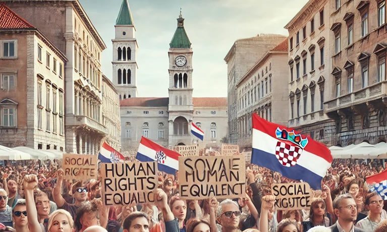 Realistična fotografija koja prikazuje raznoliku grupu ljudi u Hrvatskoj kako sudjeluju u socijalnoj pravdi i aktivističkom skupu. Sudionici drže transparente s porukama o ljudskim pravima i socijalnoj jednakosti, dok se prepoznatljivi hrvatski lokaliteti vide u pozadini, naglašavajući važnost zajedničke borbe za pravdu.