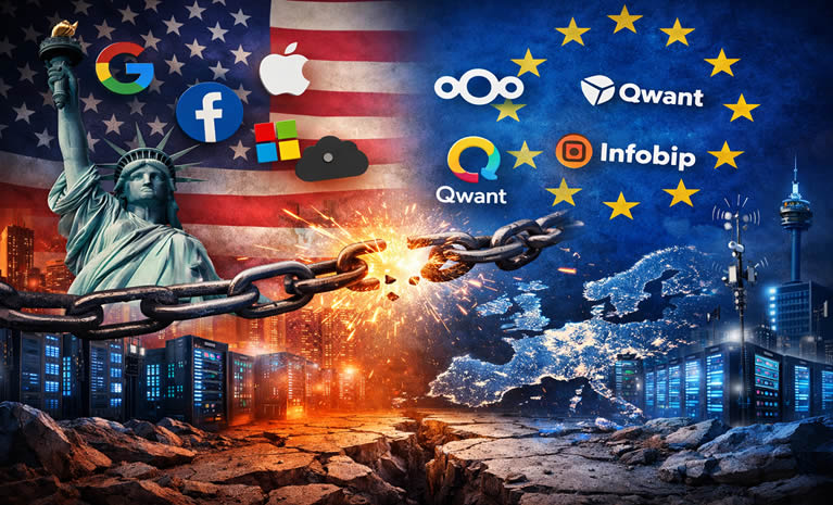 Digitalna ovisnost Europe o SAD-u: simboličan prikaz Europe i SAD-a, podatkovnih centara i puknutog lanca koji označava prekid digitalne ovisnosti.