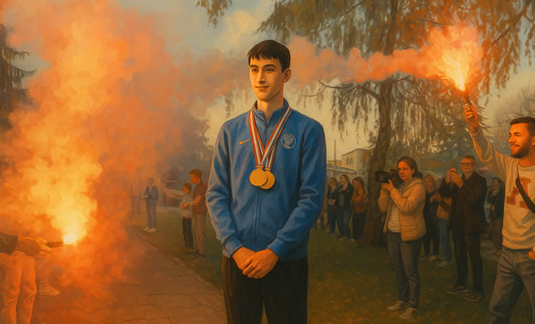 Umjetnička ilustracija hrvatskog taekwondo reprezentativca s europskim zlatom, okruženog dočekom i svjetlima baklji