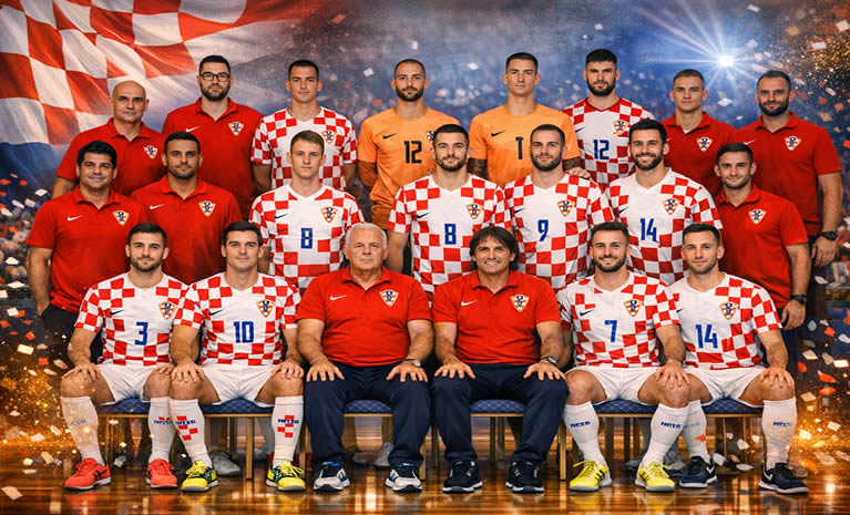 Hrvatska futsal reprezentacija – umjetnički timski portret u širokom formatu, s hrvatskom šahovnicom u pozadini i atmosferom dvoranskog slavlja.
