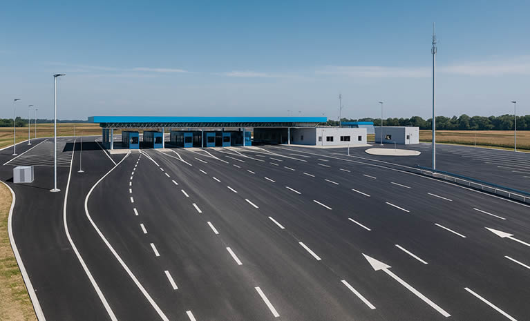 Novi granični prijelaz Stara Gradiška – Gradiška s modernim prometnim trakama i terminalom, snimljen iz širokog kuta