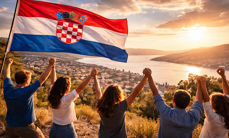 Zajedništvo Hrvata na vidikovcu iznad Jadrana – podignute ruke i velika hrvatska zastava koja se vijori na zalasku sunca.