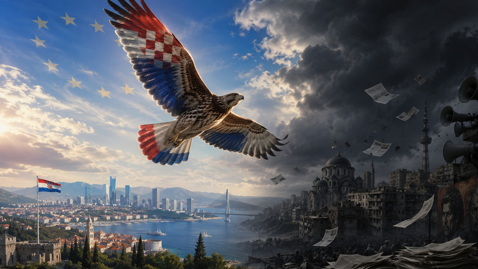 Hrvatski jastreb uzdiže se iznad svijetle europske Hrvatske, dok se u tamnoj pozadini vide simboli propagande, političke buke i društvenog pada.