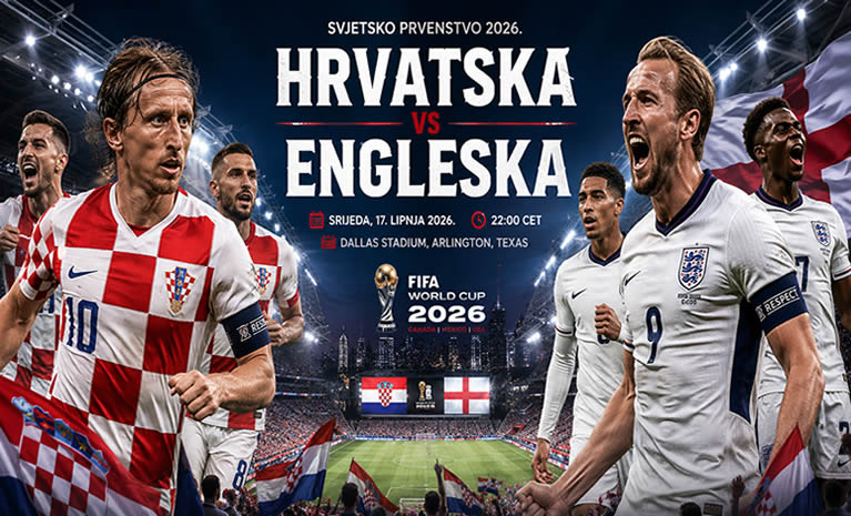 Promotivna slika za utakmicu Hrvatska – Engleska na Svjetskom prvenstvu 2026., s hrvatskim i engleskim nogometašima, zastavama i atmosferom velikog stadiona.