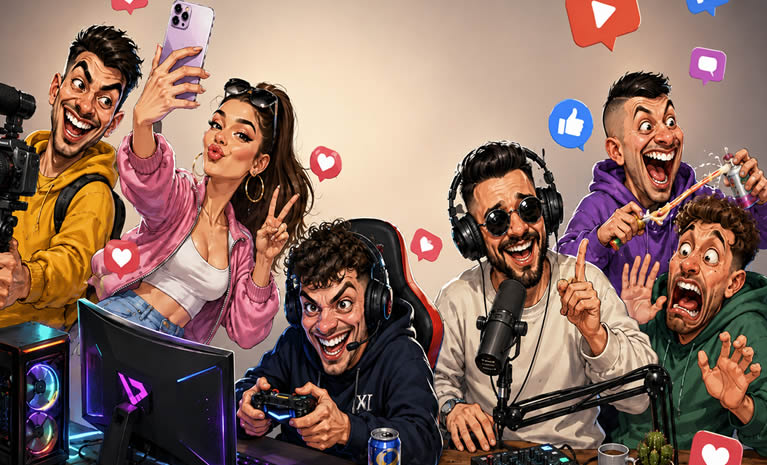 Karikaturalni prikaz bosanskih i regionalnih youtubera na balkanskoj terasi, s kamerama, mobitelima, lajkovima i ikonama društvenih mreža u pozadini.