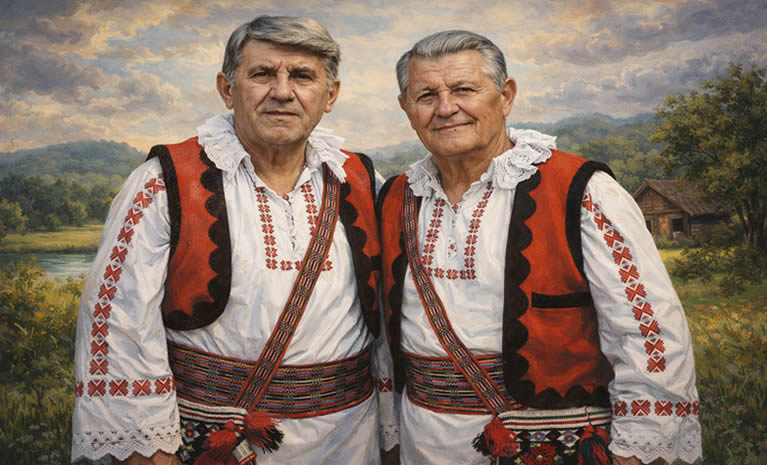 Umjetnički portret Braće Begić u tradicionalnoj posavskoj nošnji, u širokom formatu s krajolikom u pozadini.