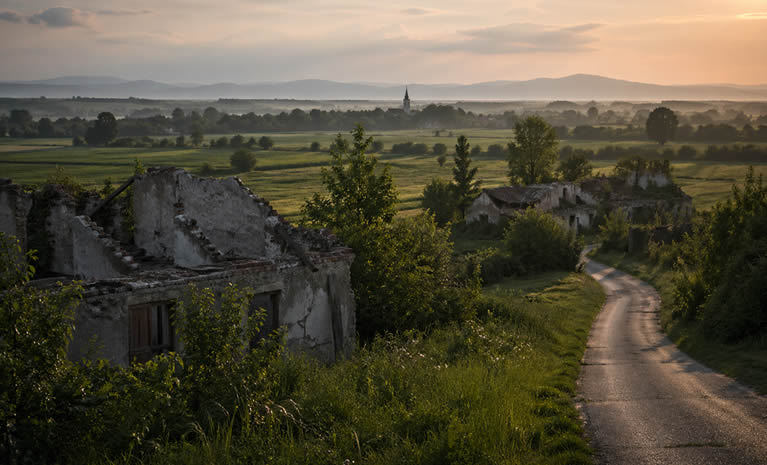 Prelijep krajolik Bosanske Posavine u zlatnom svjetlu zalaska sunca, s porušenim kućama u prvom planu, zelenim ravnicama, seoskim putem i crkvenim tornjem u daljini.