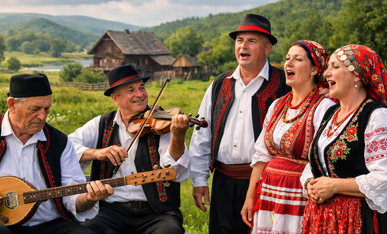 Izvorni posavski sastav u narodnoj nošnji: šargija i violina prate dvoglasno pjevanje u seoskom krajoliku.