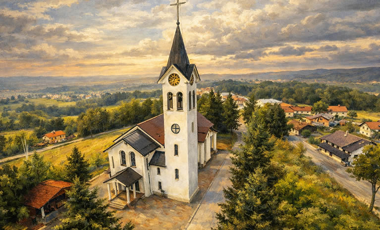 Panoramski pogled na usorsku dolinu u Bosni i Hercegovini: sela i polja u jutarnjoj izmaglici, s crkvom i zvonikom kao središnjim motivom.