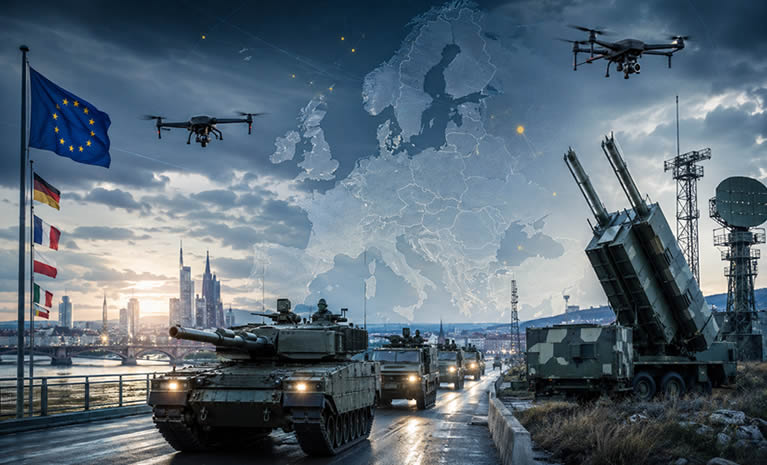 Vertikalna promotivna ilustracija o europskoj sigurnosti i obrani. U prvom planu nalaze se tenk, vojni konvoj i protuzračni raketni sustav, dok su u pozadini karta Europe, dronovi, zastava Europske unije i gradska infrastruktura. Na slici piše: „Europa se naoružava, ali još nije spremna“, „Sigurnost, obrana i strateški zaokret kontinenta“ te „Čitaj analizu“. Vizual je generiran uz pomoć umjetne inteligencije.