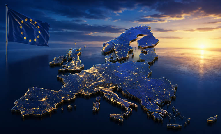 Ilustracija Europske unije s EU zastavom, izlaskom sunca, gradskim horizontom i snažnom porukom da Europa nije slaba koliko izgleda.