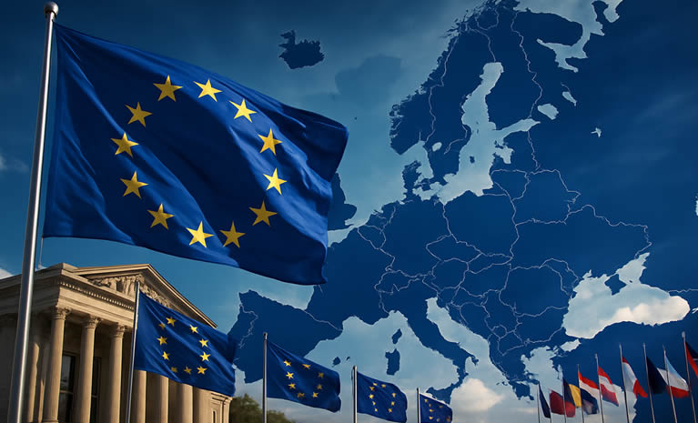 Zastava Europske unije ispred europskih institucija uz kartu Europe, simbol jedinstva i geopolitičke snage