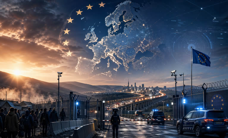 Široka ilustracija Europe s naglaskom na granice, sigurnost, migracije, Schengen i stratešku kontrolu prostora kao simbol europske suverenosti.