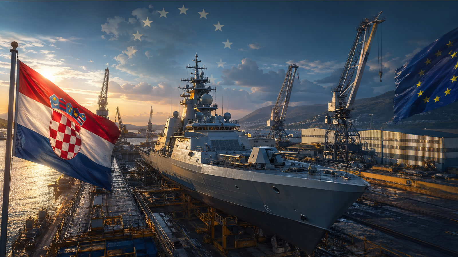 Moćna široka ilustracija modernog ratnog broda u hrvatskom brodogradilištu, uz hrvatsku i europsku zastavu, dizalice i industrijski pejzaž u zalasku sunca, kao simbol nove obrambene i brodograđevne strategije Hrvatske u Europi.