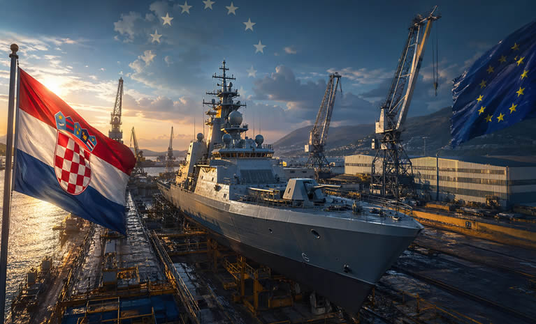 Moćna široka ilustracija modernog ratnog broda u hrvatskom brodogradilištu, uz hrvatsku i europsku zastavu, dizalice i industrijski pejzaž u zalasku sunca, kao simbol nove obrambene i brodograđevne strategije Hrvatske u Europi.