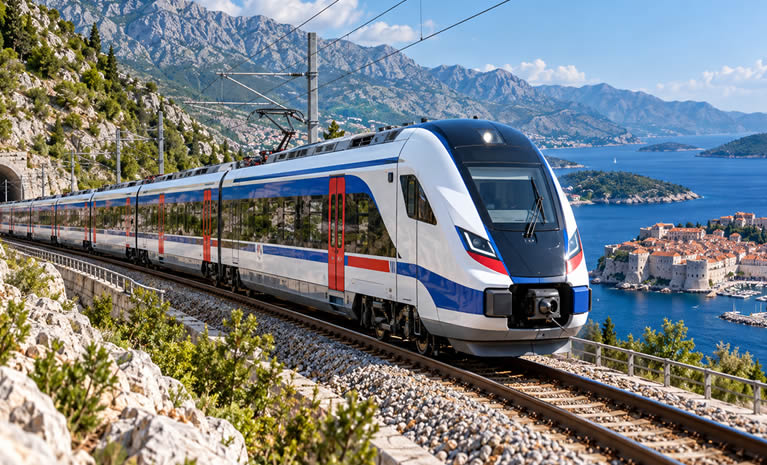 Foto ilustracija: Moderni hrvatski vlak na jadranskoj obali simbolizira novu fazu razvoja domaće željezničke industrije.