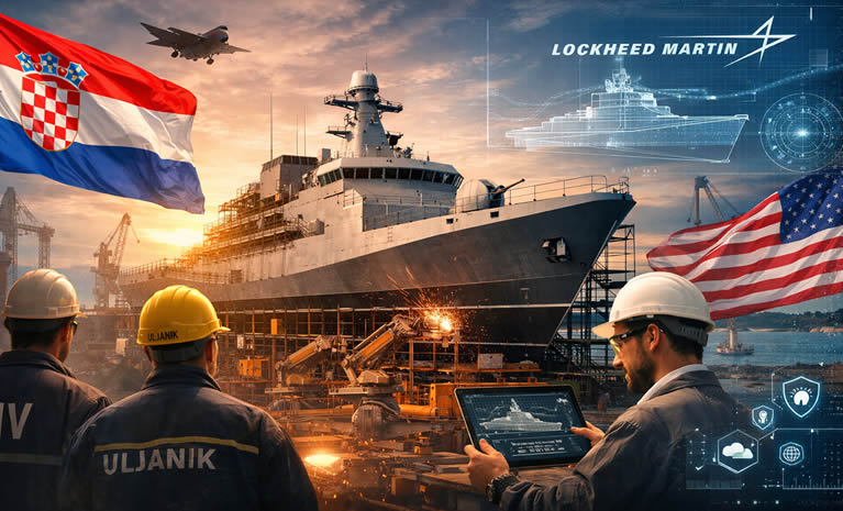 Ilustracija moderne višenamjenske korvete u hrvatskom brodogradilištu, simbol suradnje Hrvatske i SAD-a te tehnološkog iskoraka domaće brodogradnje.