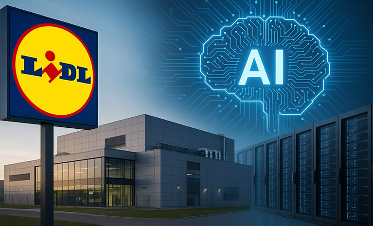 LIDL i Schwarz Gruppe investiraju u razvoj europske AI infrastrukture i podatkovnih centara, gradeći temelje digitalne neovisnosti Europe. LIDL znak ispred modernog podatkovnog centra i AI grafike koja simbolizira ulaganje Schwarz Gruppe u umjetnu inteligenciju i europsku tehnološku infrastrukturu.