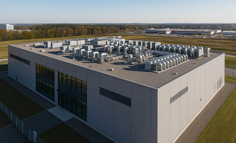 Aerialna snimka modernog podatkovnog centra Schwarz Gruppe u Lübbenauu, s krovnim rashladnim sustavima i industrijskom infrastrukturom za AI servere.
