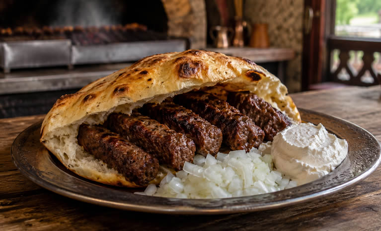Tanjur bosanskih ćevapa u somunu s nasjeckanim lukom i kajmakom u tradicionalnom ambijentu ćevabdžinice.