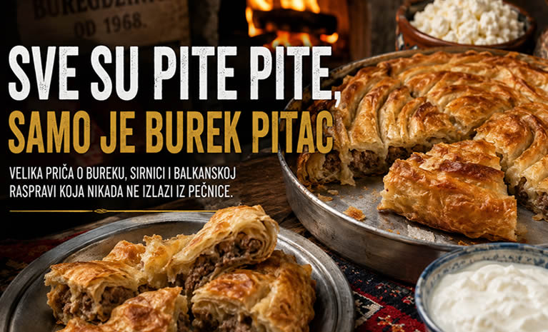 Promotivna Instagram objava za članak o bureku, sirnici i vječnoj balkanskoj raspravi. U prvom planu nalaze se zlatno pečeni burek i pite, uz istaknuti naslov članka i poziv čitateljima da tekst pročitaju na hrvati.eu.
