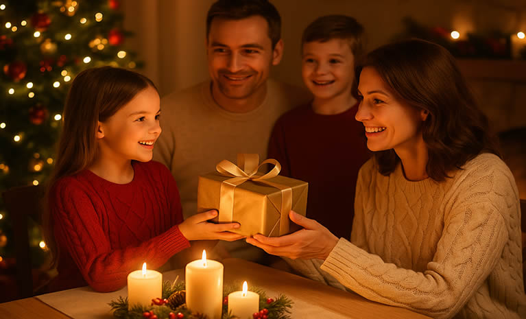 Obiteljsko okupljanje za Božić uz svijeće i božićno drvce u toplom domu