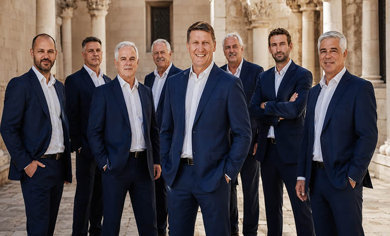Tomislav Bralić i klapa Intrade u svečanom tamnoplavom odijelu, ispred dalmatinske kamene arhitekture.