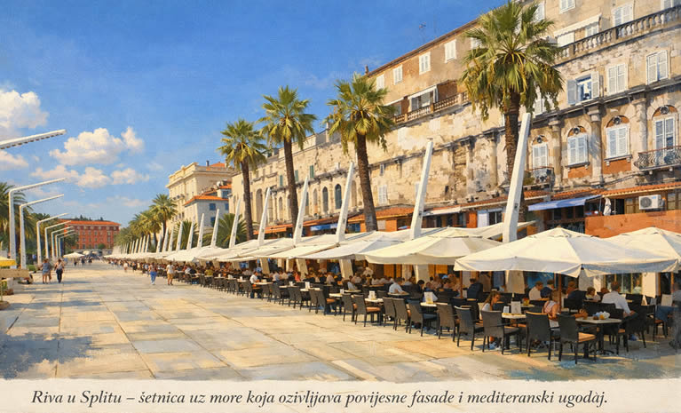Riva u Splitu, široka šetnica uz more s palmama i nizom terasa kafića ispred povijesnih kamenih zgrada.