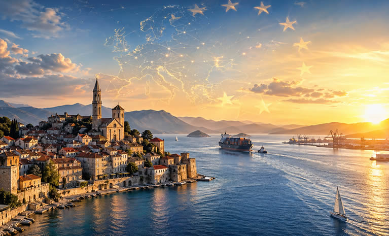 Široki prikaz hrvatskog obalnog grada na Jadranu u zlatnom svjetlu zalaska sunca, s brodovima, lukom, europskim zvijezdama i mapom Europe u pozadini.
