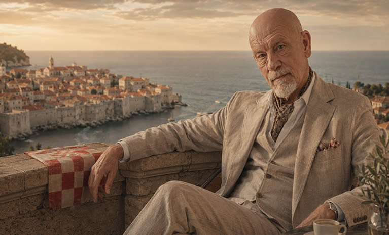 John Malkovich u elegantnom odijelu na kamenoj terasi s pogledom na hrvatsku obalu, more i povijesni grad, uz decentan hrvatski crveno-bijeli motiv.