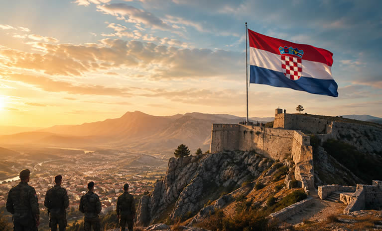 AI-generirana ilustracija hrvatske zastave iznad Kninske tvrđave, uz hrvatske vojnike i pogled na Knin u svitanje