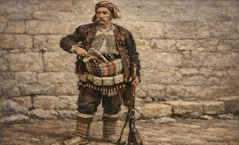 Andrijica Šimić, “posljednji hajduk”, u narodnoj nošnji s puškom i pojasom s kuburama — umjetnička rekonstrukcija prema povijesnoj fotografiji.