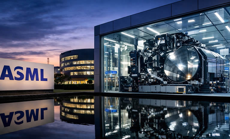 ASML-ov kampus u Nizozemskoj u sumrak, s pogledom na modernu zgradu i veliku litografsku opremu u staklenom pogonu.